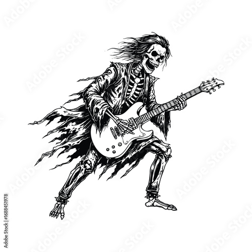 skeleton punk rock holding a guitar black and white vector illustration hand drawn style