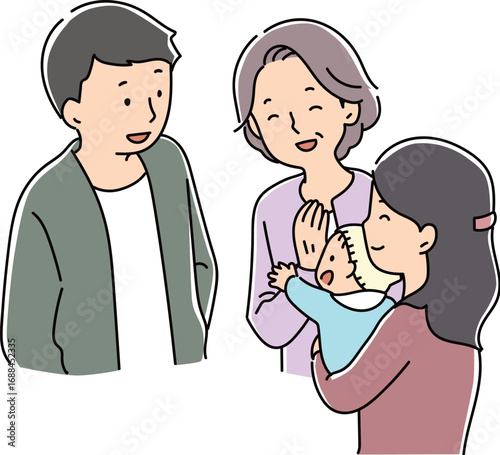 談笑するおばあちゃんと夫婦とあかちゃん