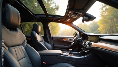 Wallpaper Mural Luxury SUV interior featuring plush leather seats, advanced dashboard, wood trim. Sunroof opens to tree-lined road, bathing cabin in natural light. Offers premium comfort, sophisticated driving Torontodigital.ca