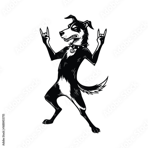 dog with rock hand gesture, rockstar hand, black and white vector illustration