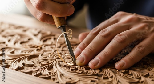  An intimate macro shot captures a wood carver's hands skillfully chiseling an intricate floral pattern.