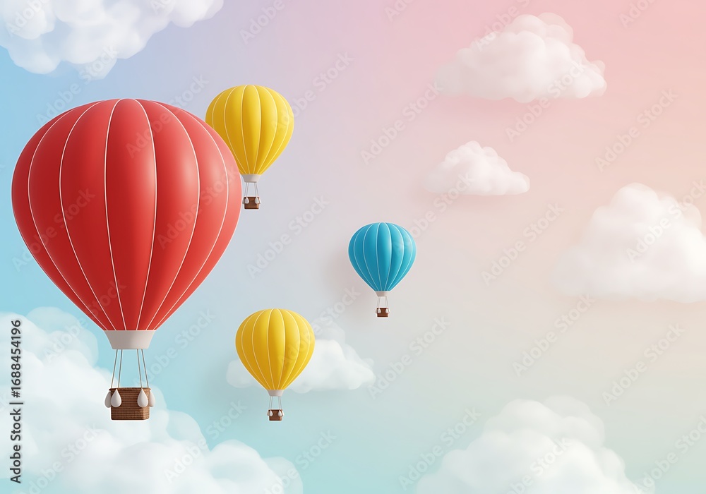 Fototapeta premium Colorful Hot Air Balloons Floating in a Dreamy Sky Illustration for Travel and Adventure Concepts