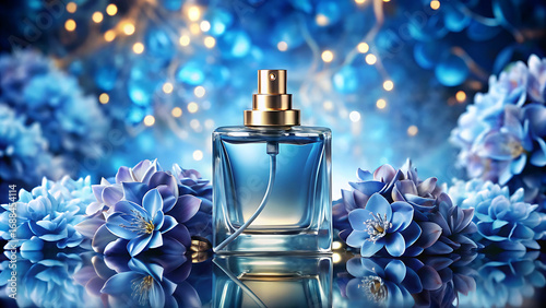 Luxury perfume bottle with abstract blue floral design elegant fragrance product background with glamorous luxury style