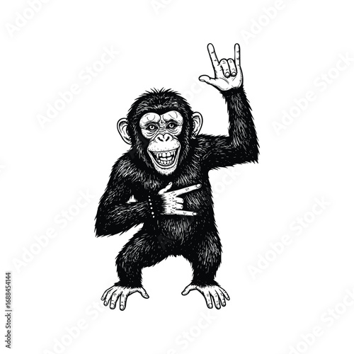 monkey with rock hand gesture, rockstar hand, black and white vector illustration