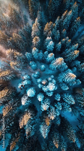 Aerial view of a snowy forest, with tree tops dusted in white and patches of soft sunlight illuminating the frosty landscape