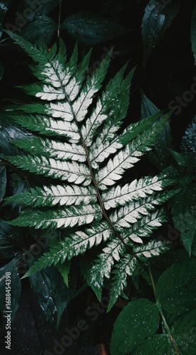 A deeply shaded fern leaf, partially variegated white, surrounded by dark green foliage, close-up and naturally textured
