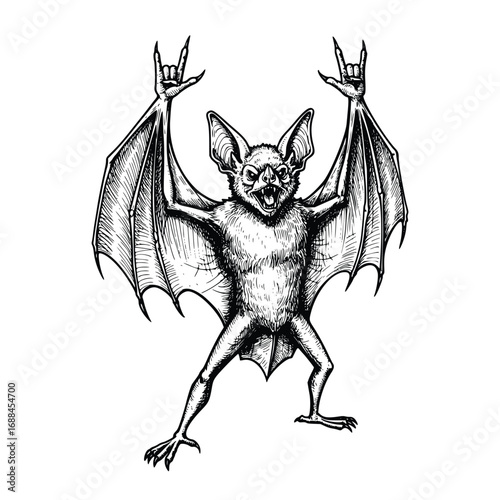 bat with rock hand gesture, rockstar hand, black and white vector illustration
