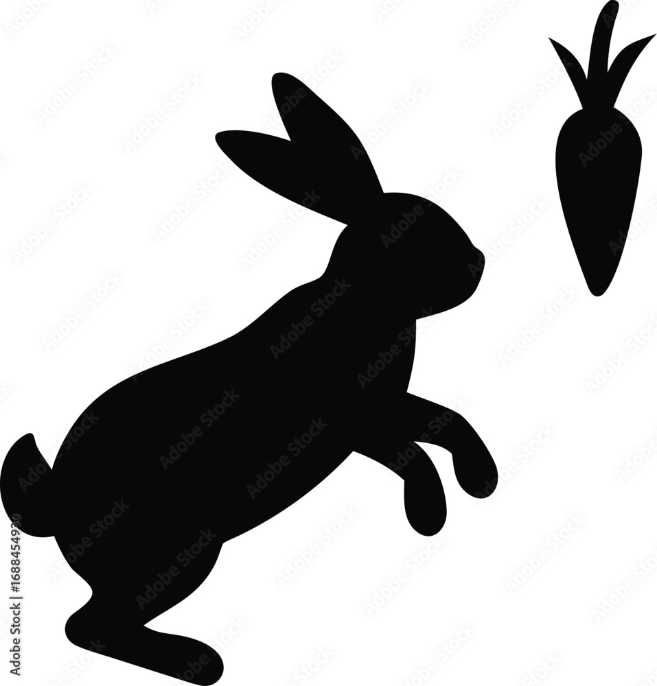 Obraz premium Black silhouette of a rabbit jumping towards a carrot isolated on transparent background