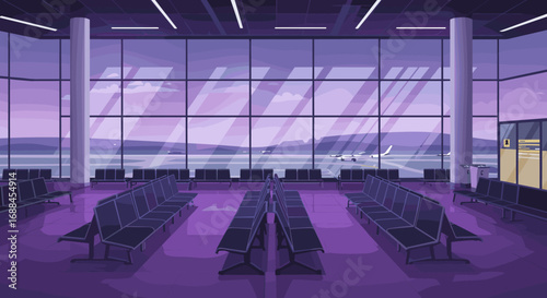 Modern airport terminal with panoramic window view of runway at sunset