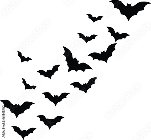 Flock of bats flying in formation silhouette isolated on transparent background