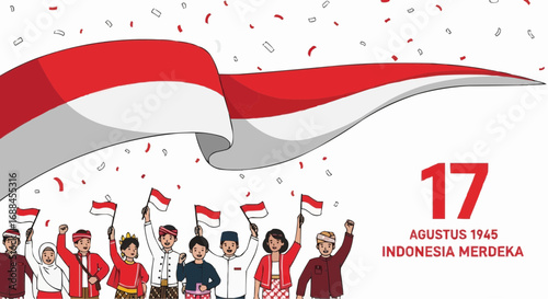 Joyful Indonesian people celebrating independence day with flags and confetti, vibrant national pride