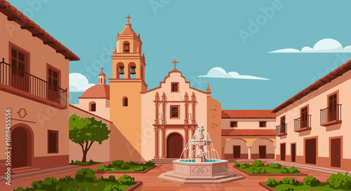 Charming colonial courtyard with historic architecture and fountain under clear sky