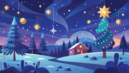 A snowy Christmas village landscape under a magical winter night sky