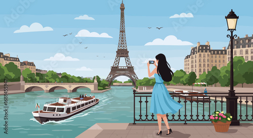 Woman photographing eiffel tower by seine river in paris cityscape