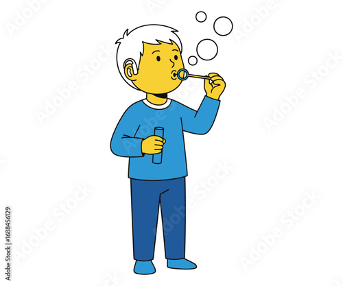 Child with Hearing Aid Blowing Soap Bubbles – Modern Flat Vector