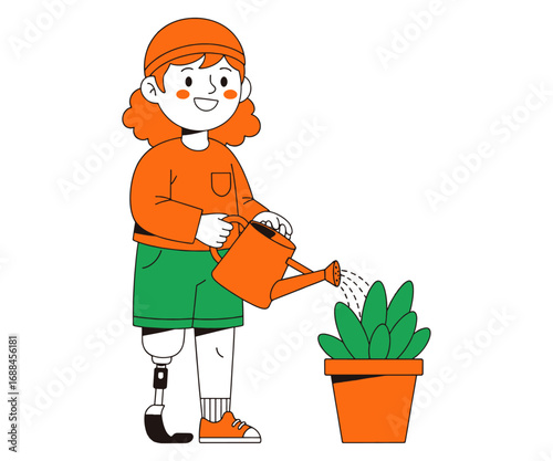 Child with Prosthetic Leg Watering Plants – Modern Flat Vector