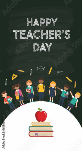 Celebrate cherished educators with vibrant art featuring happy students, books, and an apple on a chalkboard.