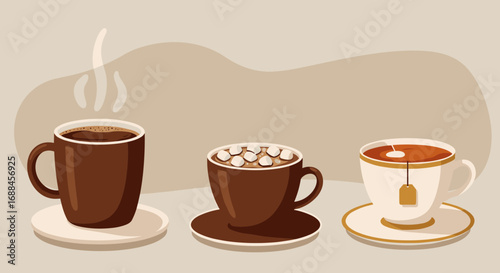 Cozy beverage trio with hot coffee, cocoa, and tea in warm tones