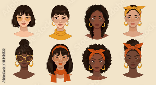 Diverse female portrait collection featuring modern fashion and accessories