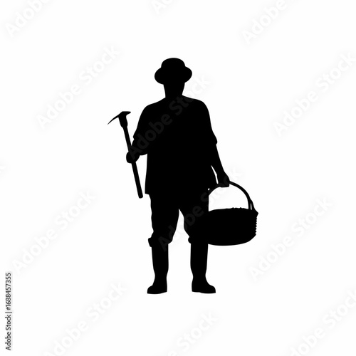 Silhouette of a farmer holding a basket and pruning tool on a white background