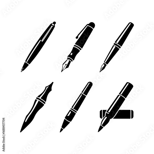 Collection of six diverse fountain pens and ballpoint pens presented in a grid layout with detailed textures for artistic and stationery concepts vector