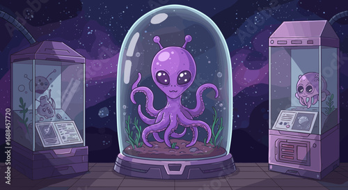 Alien exhibit in space museum with cute purple creatures in cartoon style