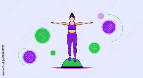 Woman Balancing On a Ball While Exercising and Maintaining Body Stability in a Health Illustration