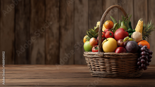 Wallpaper Mural Harvest Bounty: A rustic basket overflowing with a vibrant array of seasonal fruits and vegetables, resting on a wooden surface, evoking feelings of abundance and nourishment.  Torontodigital.ca
