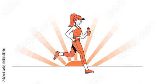 Woman Jogging With Hydration Bottle During Sunrise: A Fitness And Wellness Theme
