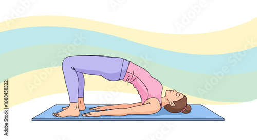 Woman Performing Bridge Pose During Yoga Session on a Blue Mat with Pastel Background