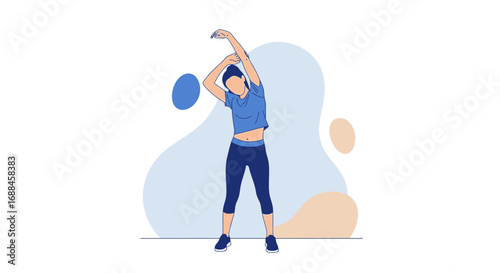 Woman Performing Exercise Poses, Stretching Movements with Abstract Background Illustration