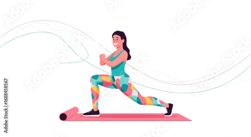 Woman Performing Lunges Exercise On Yoga Mat For Fitness, Healthy Life Illustration