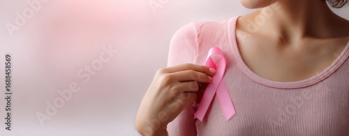 The Pink Ribbon on a Woman's Chest Symbolizing Breast Cancer Awareness and Support