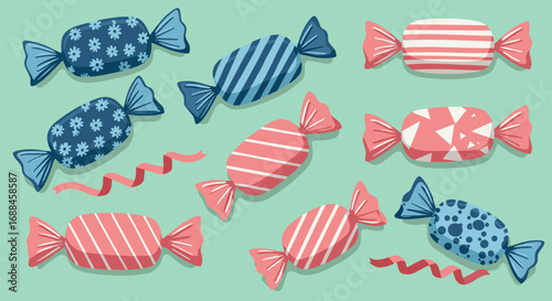 Colorful patterned candy collection on pastel green background