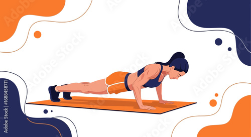 Woman Performing Push-up on a Mat in an Abstract Styled Illustration for Fitness