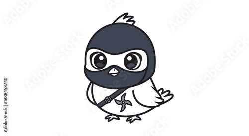 Cute cartoon chick dressed as a ninja with a dark mask and shuriken.