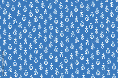 Seamless vector pattern of white rain drops on blue background in minimal line art style