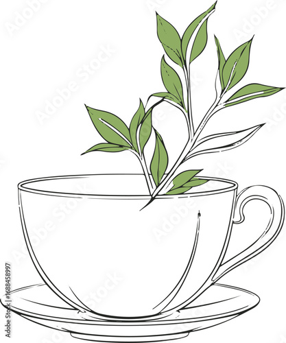 Elegant line art of green tea leaves inside a tea cup, black and white vector illustration, minimal packaging design