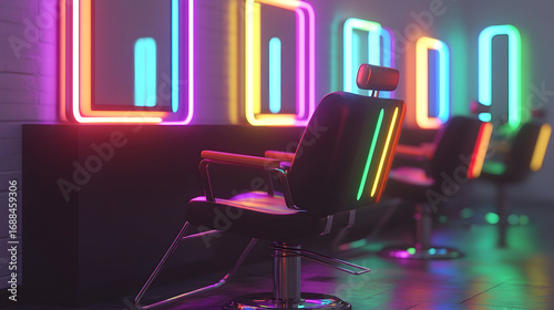 Neon-lit barber chairs in a modern salon with vibrant, colorful