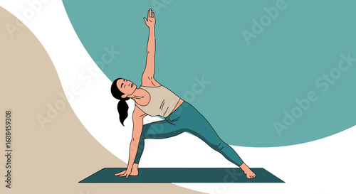 Woman Practicing Yoga in Triangle Pose in Minimalist Style on Decorative Background