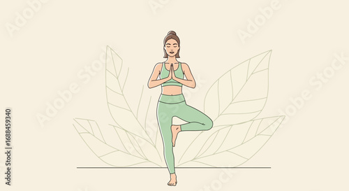 Woman Practicing Yoga Pose in Natural Setting with Leaf Background