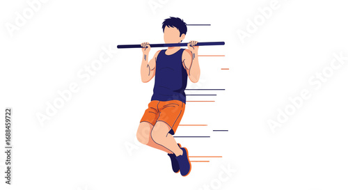 Young Gentleman Doing Pull-Ups While Executing Vigorous Exercise Over White Background