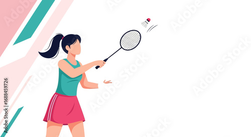 Young Female Athlete Playing Badminton, Illustration Depicting Sports And Leisure