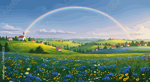 Idyllic countryside with rainbow and wildflower field under a clear sky
