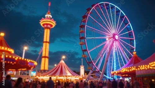 Fototapeta Naklejka Na Ścianę i Meble -  Vibrant amusement park at night features glowing Ferris wheel and tower against dark sky. Colorful tents and illuminated rides create festive atmosphere with crowds of people enjoying carnival.