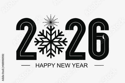 Black snowflake and numerals happy new year white text