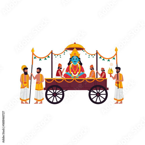 Illustration of a Hindu deity procession on a decorated cart with devotees