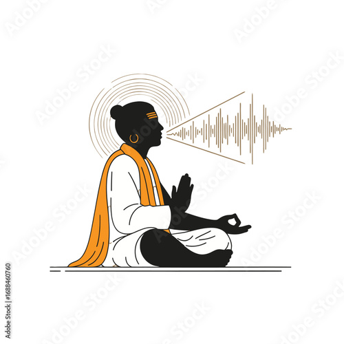 Illustration of a meditating Indian man in orange and white robes with a sound wave emanating from his mouth against a white background.