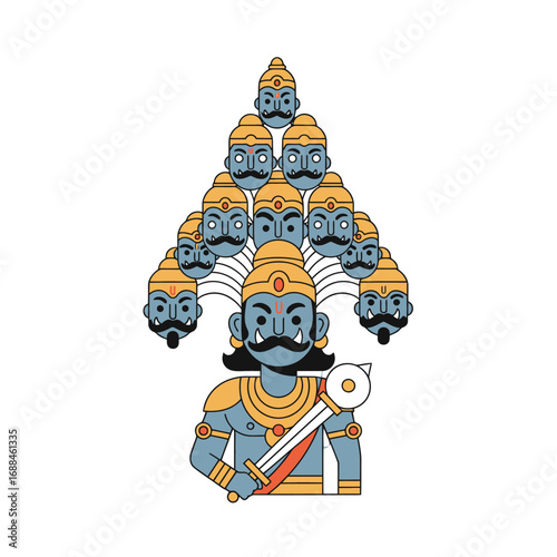 Illustration of Ravana, a Hindu mythological character with multiple heads, in a vibrant blue and gold costume.