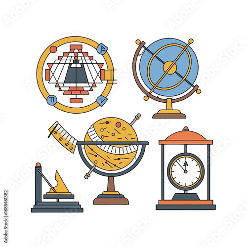 Flat lay illustration of various science and astronomy objects including globes, telescope, clock, and sundial on white background.